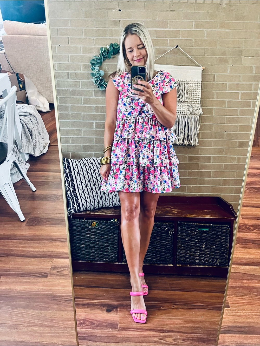 Pink Floral Ruffle Tiered Mini Dress